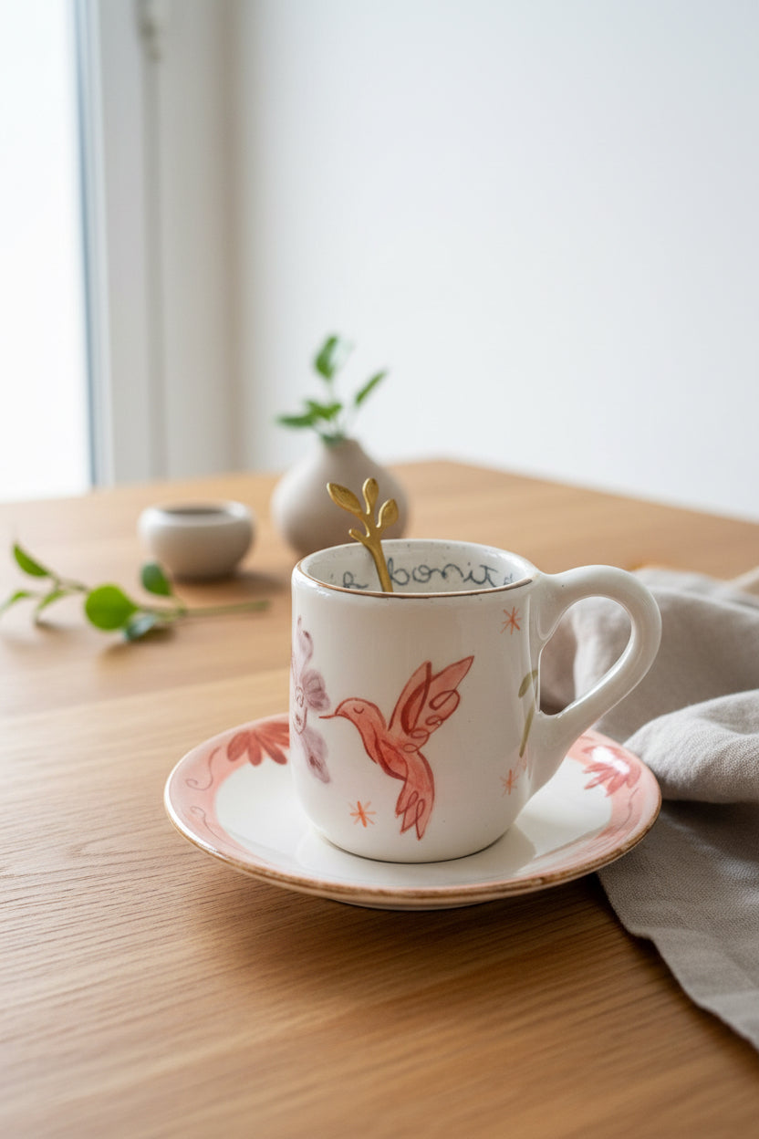 Kit Colibrí Vivir bonito: pocillo + plato + cuchara