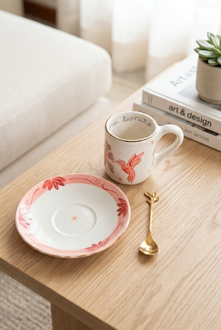 Kit Colibrí Vivir bonito: pocillo + plato + cuchara