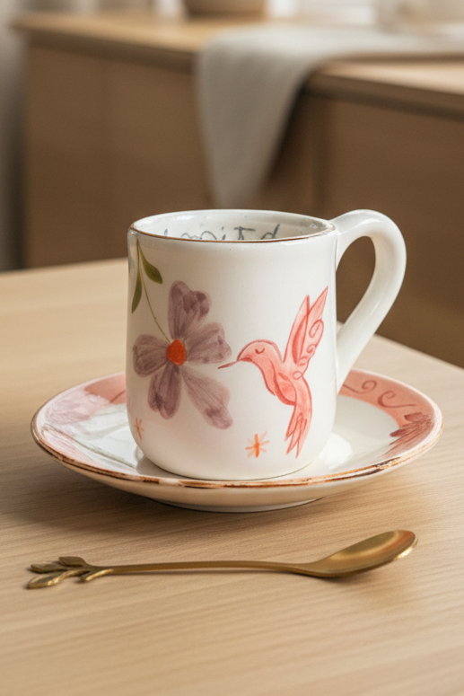Kit Colibrí Vivir bonito: pocillo + plato + cuchara