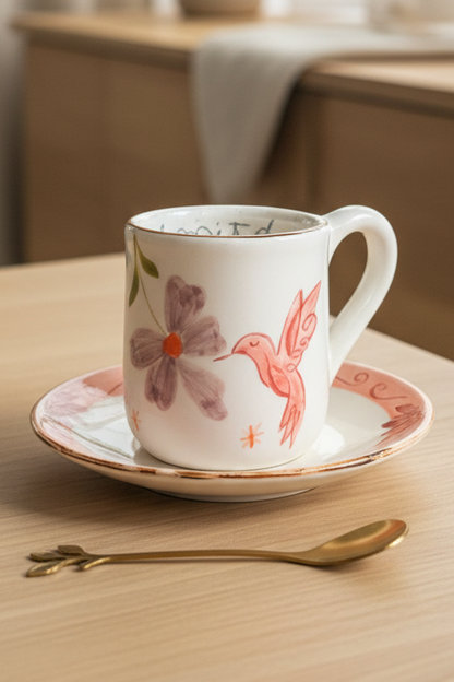 Kit Colibrí Vivir bonito: pocillo + plato + cuchara