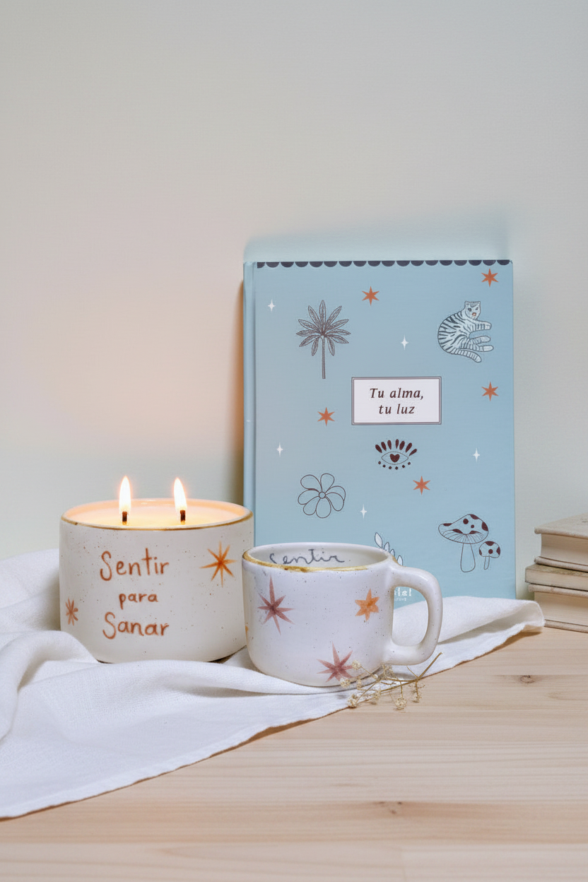 Kit vela sentir para sanar+ pocillo + journal